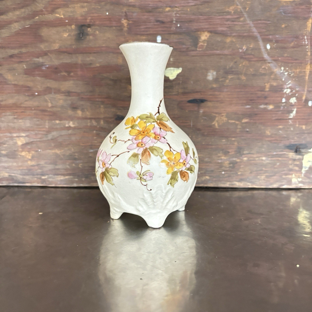 Vtg German Pottery Bud Vase Hand Painted Floral Footed Crazed Glaze Germany 5.5”